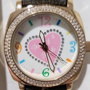 204. Dooney & Bourke Gold and Pink Heart Watch Rhinestones